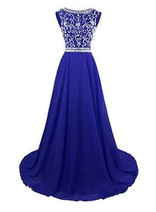 Royal Blue Custom Made Long Formal Dresses Jewel Sweep Train Chiffon Sommar Brudtärna Formella Party Klänningar Med Tunga Beading Dracker Tillbaka