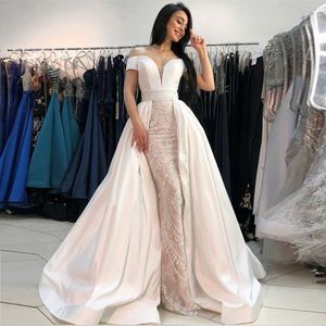 Off The Shoulder Lace Satin Prom Dresses Floor Length Beading Ivory Nude Mermaid Formal Evening Dresses With Over Skirt
