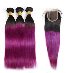 Ombre Farbe Haarwebart Extensions Peruanisches Haar 3 Bundles mit Verschluss T1B/27 T1B/99J Körperwelle Menschliches Haar Bundles Gerade