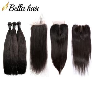 Perulu bakire insan saçı atkıları ve kapanma örgüler ipeksi düz 3 demet remy saç uzantıları dantel kapanışları 4x4 Bellahair