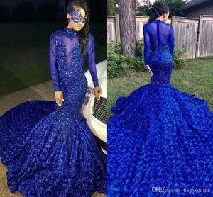 2021 Lyxig Vacker Royal Blue Mermaid Prom Klänningar Domstol Tåg Blommor Appliques Sequins Elegant Formal Evening Party Gowns Custom