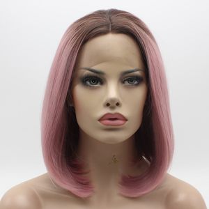 Iwona Hair Prosto Short Dark Root Różowy Ombre Wig 1 # 1/2334 Połowa Ręcznie Związany Ogrzewanie Odporne na ciepło Syntetyczne Koronki Peruce