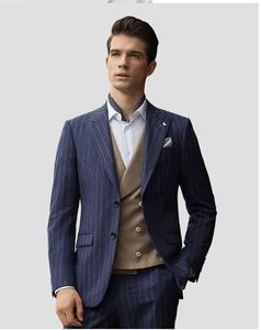 New Arrival Two Buttons Navy Blue Strips Wedding Groom Tuxedos Peak Lapel Groomsmen Men Suits Prom Blazer (Jacket+Pants+Vest+Tie) W57
