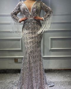 Sequins Mermaid Evening Dresses Crystal V Neck Long Sleeves Prom Gowns With Tassels Luxury Sequins Sweep Train Formal Party Dress