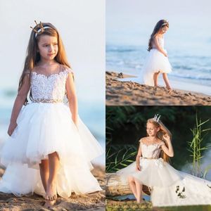 Kızlar için Communion Elbiseler Beyaz Dantel Up Kolsuz Balo Aplikler Çiçek Kız Elbise Düğünler için