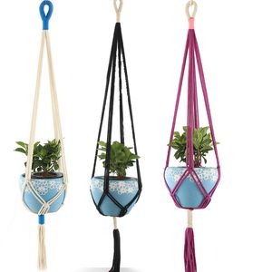 Handgjorda färgglada makrame växthängare inomhus utomhus blomma hängande korg bomull rep 4 ben balkong potten hänger rum dekor