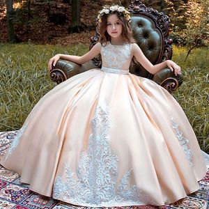 Lace Flower Girls Dresses Sheer Jewel Neck Hollow Back Bowknot A Line Floor Length First Communion Dresses Girls Pageant