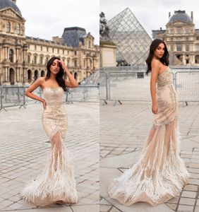 2019 Arabic Champagne Evening Dresses Lace Beads Feathers Sweep Train Mermaid Prom Dress Custom Made Sweetheart Special Occasion Gown