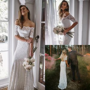 2019 laço sereia vestidos de casamento 2 peças meia mangas compridas fora do vestido de noiva do país do ombro plus tamanho bohemian vestidos nupciais