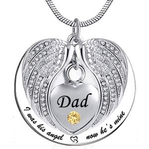 Angel Wing Memorial Keepsake Ashes Urn Pendant Birthstone crystal Necklace, i used to be his angle, now he's mine -for Dad