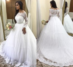 White Illusion Bateau Long Sleeves Wedding Dresses With Lace Appliques Sexy Deep V Back Pearls Beading Sashes Bridal Gowns 2019 Long Wear