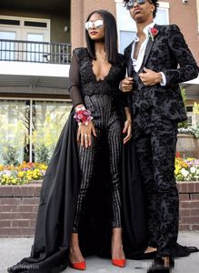 Sexy Prom Dresses With Detachable Train Stunning Jumpsuit Black Evening Wear Long Sleeves Sequins Beaded Party Gowns