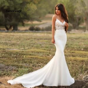 Mermaid Gelinlik Dantel Spagetti Kayışı Aç Geri Zip Up Gelin Kıyafeti Mütevazı Leke Beach Vestido De Noiva Özelleştirmek