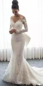 New Full Lace A Line Wedding Dresses Wear Sheer Neck Long Sleeves Bridal Dress With Bow Back Covered Buttons Mermaid Wedding Gowns