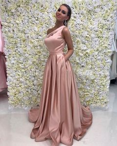 Ros guld elegant kväll klänningar en axel ärmlös en linje golv längd satin brudtärna formell prom klänning med fickor b91