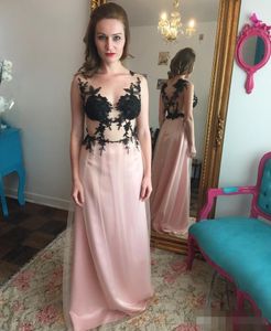 Pink Tulle Long Prom Dresses V Neck Black Lace Applique Sleeveless Sheer Straps Illusion Bodice Formal Evening Party Wear