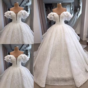 공주의 하얀 웨딩 드레스 2019 봄 여름 오프 숄더 신부 가운 스팽글 페르시 Tulle 스윕 기차 웨딩 Vestidos 맞춤 제작