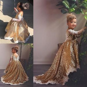 2019 Sparkly Ouro Vestidos Da Menina de Flor com Apliques de Renda Branca Mangas Compridas Oi Lo Toddlers Adolescentes Partido Comunhão Vestido Pageant Vestidos