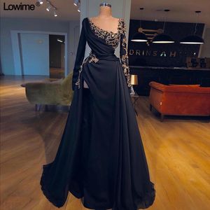 Wholesale black prom gown for sale - Group buy Arabic Black Mermaid Evening Dresses Vintage Gold Lace Appliqued Prom Gown Plus Size High Side Split Formal Party Bridesmaid Dress