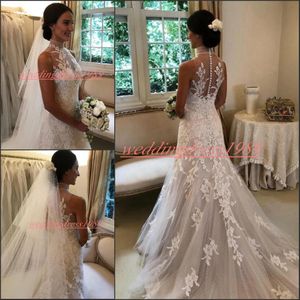 Utsökt High Neck Mermaid Bröllopsklänningar Lace 2020 Sheer Illusion Bodice Plus Storlek Ärmlös Land Bridal Custom Made Bride Grow Dress