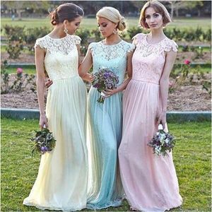 2020 Lace Chiffon Maid of Honor Dresses Real Image Plus Storlek Cap Sleeve Rosa Mint Daffidol Billiga Beach Bridesmaid Party Evening Gowns