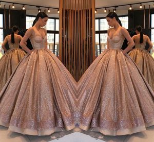 Rose Gold Arabic Champagne Ball Gown Quinceanera Dresses Spaghetti Straps Ruched Backless Sweet 16 Dresses Sequins Formal Dress Party Gowns