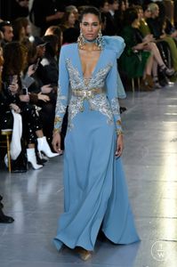 Elie Saab Blue Evening Dresses Deep V Neck Long Sleeve Sequins Beading Top Prom Gowns Runway Fashion Red Carpet Party Dress