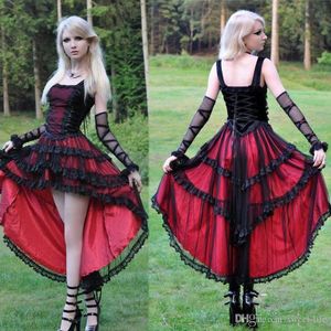 Gothic Vintage Sexy Line Prom Dresses Girls Hi-Lo Spaghetti Paski Czerwony Czarny Koronki Party Wear Plus Size Formalna sukienka Rates de Soirée