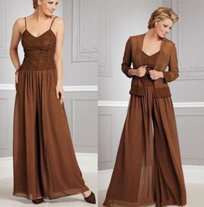 Elegancka Matka Panny Młodej Jumpsuit Z Kurtką Z Długim Rękawem Tanie Koronki Szyfonowe Spaghetti Plus Size Ślubny Gość Dresses Groom Matki Nosić