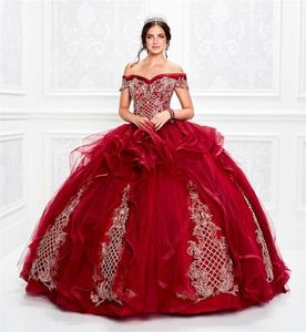 Luxury Red Ball Gown Quinceanera Dresses Off The Shoulder Appliqued Sweet 16 Dress Beaded Sweep Train Masquerade Prom Gowns