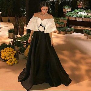 Elegant Off the Shoulder Evening Dresses White And Black Cape Sleeve Abric Prom Gowns Organza Floor Length Formal Evening Wear