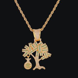 US Dollar Money Tree Pendant Necklace With Steel Rope Chain Gold Color Cubic Zircon Men's Hip hop Jewelry