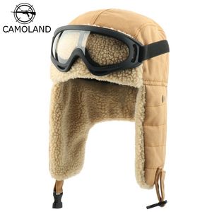 Cappelli bomber invernali paraorecchie colbacco russo con occhiali da uomo cappello da pilota trapper da donna berretti da neve termici in pile berbero finto LY234e