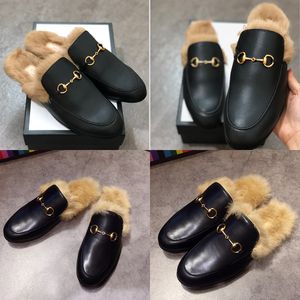 Classical Men Women Leather Loafer Shoes Black White Calfskin Fur Slipper Leather Mules Flat Sandals Dress Shoes with Box