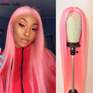 Ishow Peruvian 13*1 T Part Lace Front Wig Highlight Straight Yellow Green Human Hair Wigs Blonde Pink Red Light Blue Purple Ombre Color Wigs for Women All Ages Brazilian