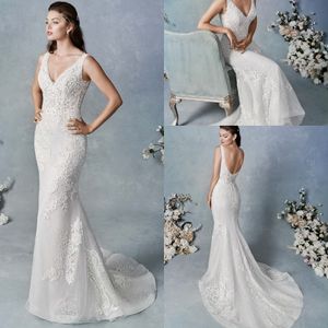 White Mermaid Kenneth Winston Wedding Dresses V Neck Sleeveless Tulle Lace Applique Crystal Wedding Gown Sweep Train robe de mariée