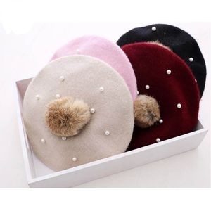 Hot Sale Kids Pearl Rabbit Fur Beret Hat for Baby Girls Beanie Hats With pompom Multicolors
