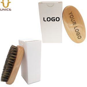 MOQ 100 PCS OEM Custom LOGO Hair Beard Mustache Grooming Brush with Boar Bristle Men's Facial Cleaning Tool And Printed LOGOs on Box