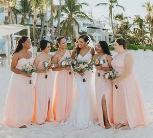 Rodna rosa sida split långa brudtärna klänningar 2019 en axel ärmlös spets och chiffon piga av ära land bröllop gästklänningar billigt