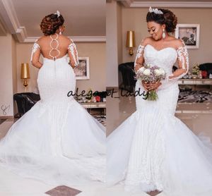 Plus -storlek sjöjungfrun bröllopsklänningar med lång ärm 2023 lyxig design tunga pärlor afrikanska bröllopsklänning vestido de noiva