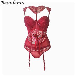 Beonlema See Through Red Hot Lingerie Corsetto Reggiseno Cintura Sexy Bustier in pizzo floreale Affascinante Strappy Intimo trasparente Donna Y19070201