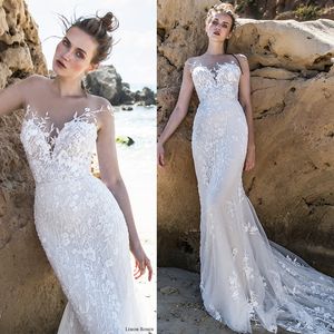Limor Rosen Beach Mermaid Wedding Dresses Sheer Jewel Neck Lace Flower Appliques Bridal Gowns Boho Backless Sweep Train Wedding Dress
