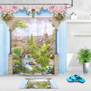 Europa Bogen Flower Shower Curtain Set mit Teppich Paris Landschaft Badezimmer Wasserdicht Umweltfreundlich Polyester Gewebe für Badewanne Dekor