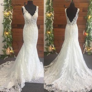 Mermaid Wedding Dresses Open Back V-Neck Lace Appliques Beaded Sweep Train Illusion Top Sexy Bridal Gowns Custom Size