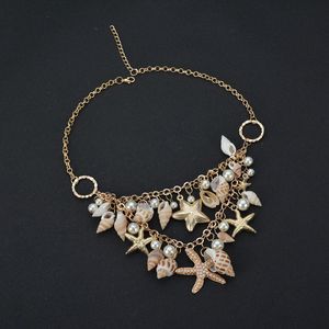 Großhandel-klassische Conch-Shell-Starfish-simulierte Perlenkette Süße Mode-Mode-Meer-Stern-Stern-Multitier-Choker-Halskette NE658