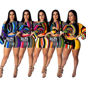 Womens Multicolor Stripe 2 Piece Outfits Long Sleeve Off Shoulder Crop Top And Biker Sexy Club Short Pants Set