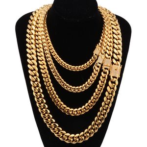 8-18mm wide Stainless Steel Cuban Miami Chains Necklaces CZ Zircon Box Lock Big Heavy Gold Chain for Men Hip Hop Rock jewelry