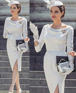 Elegante weiße Abendkleider im Bateau-Stil mit langen Ärmeln und hohem Schlitz, gerafftem Satin, Partykleidung, knielang, günstiges, formelles Damenkleid nach Maß, heißer Verkauf