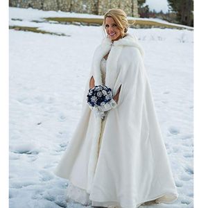 Warm Faux Fur Trim Winter Bridal Cape Stunning Wedding Cloaks Hooded Long Party Wraps Jacket White/Ivory Wrap