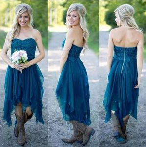 Teal Country Style Bridesmaid Dresses Short Cheap For Wedding Lace Chiffon Beach Lace High Low Ruffles Party Maid Honor Gowns